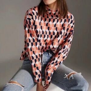 Anthropologie Maeve Carys Mock Neck Sweater Peach Orange Geometric Medium